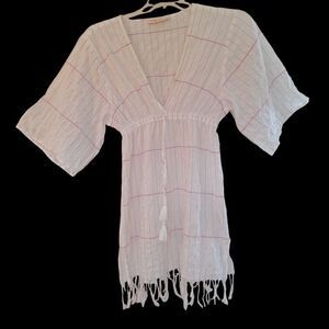 Tory Burch Caftan Striped Short Cotton Tunic Cover-Up Swim Cover Gauze sz Small